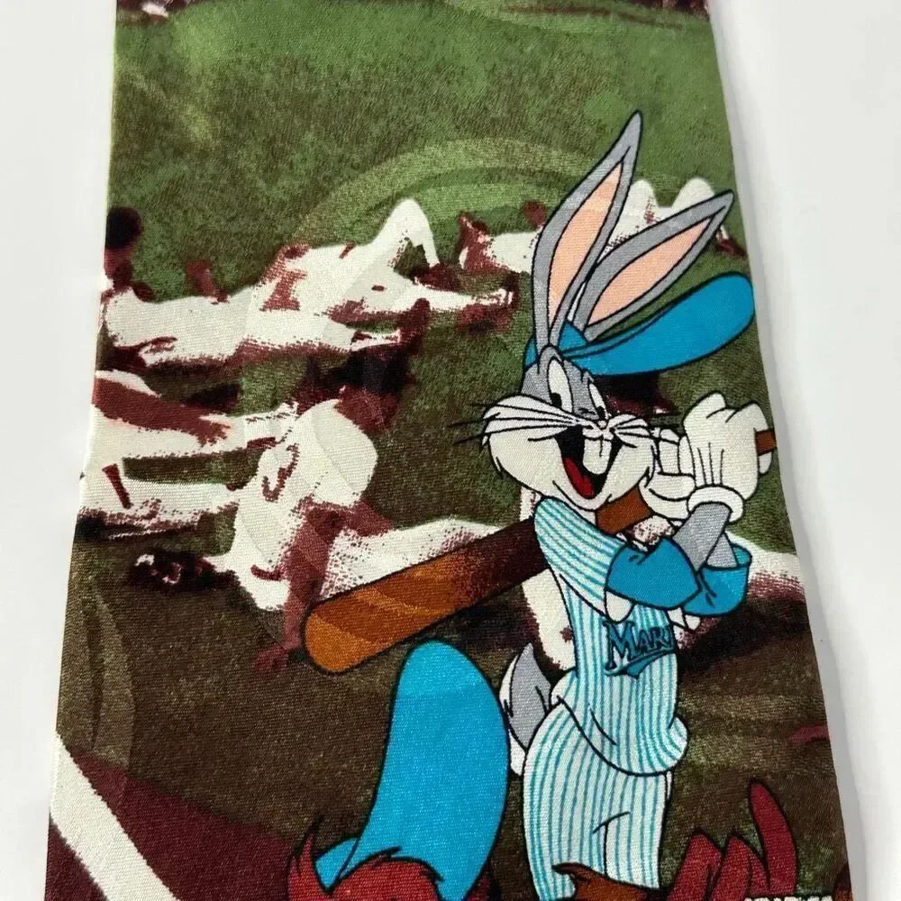 Vintage Looney Tunes Florida Marlins Taz and Bugs Bunny Silk Tie Toons Baseball